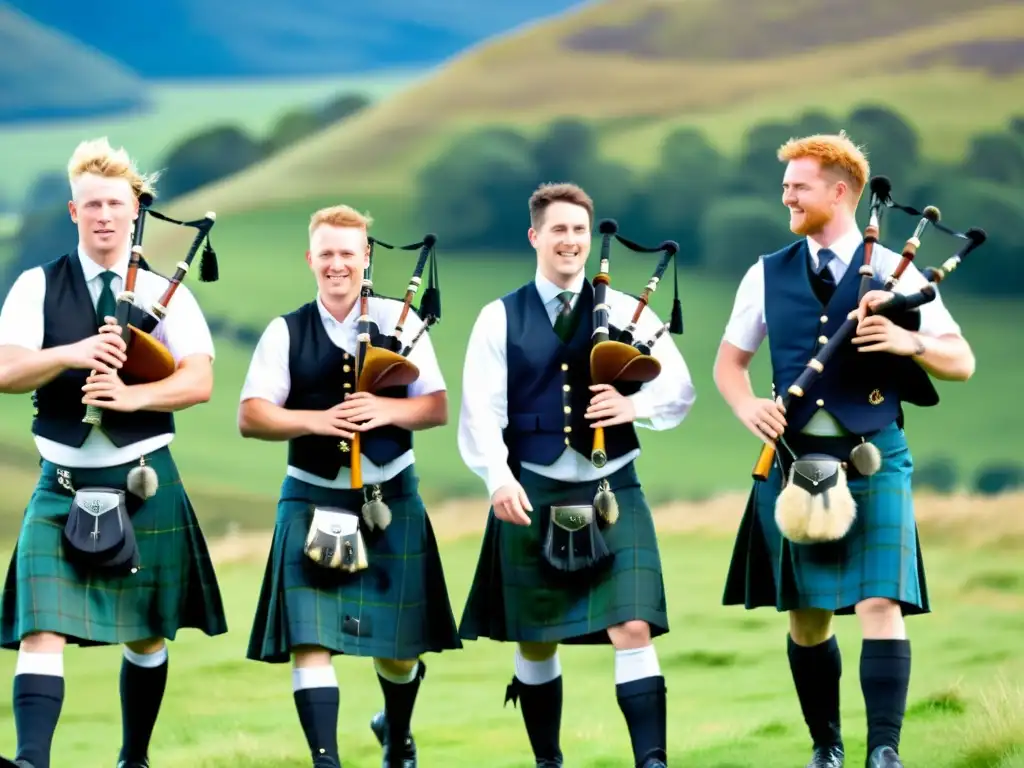 Un grupo de músicos escoceses en kilts, tocando gaitas en las colinas verdes de Escocia, honrando su historia y diáspora escocesa con pasión