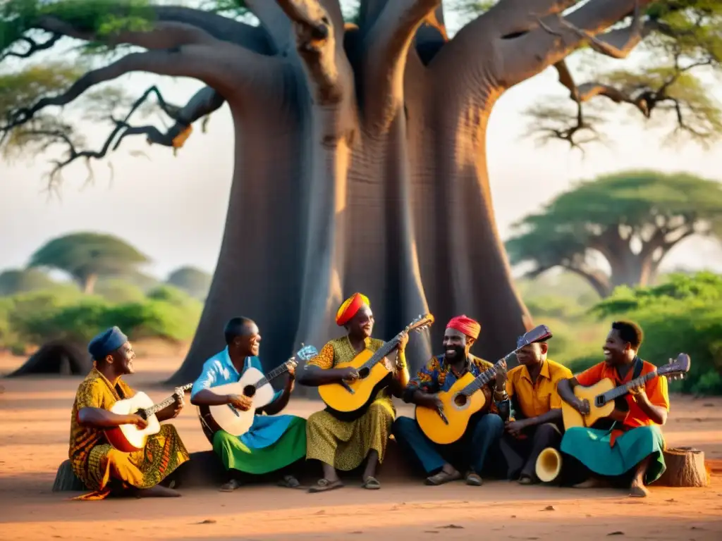 Grupo de músicos en el Festival Marrabenta Mozambique, tocando instrumentos tradicionales bajo un baobab, celebrando la rica herencia cultural