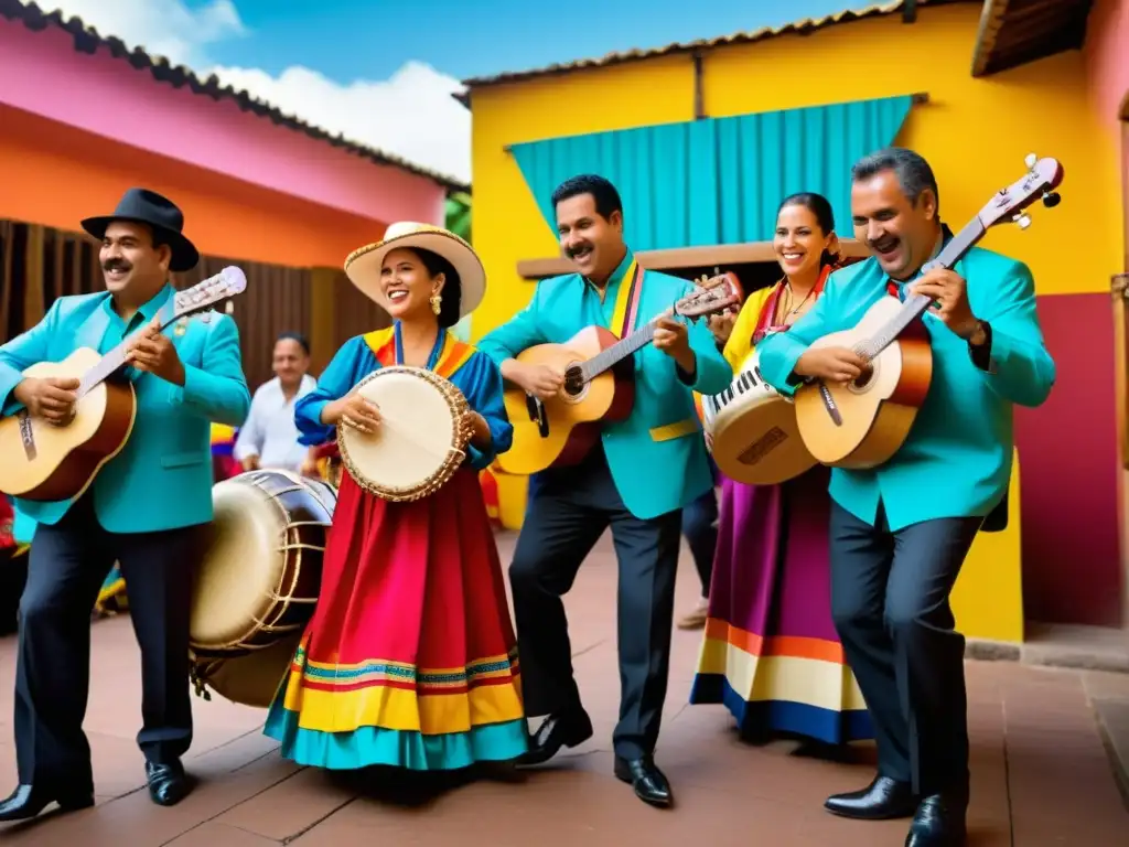 Grupo de músicos animando la fiesta con acordes de fiesta en el joropo venezolano, vistiendo trajes tradicionales