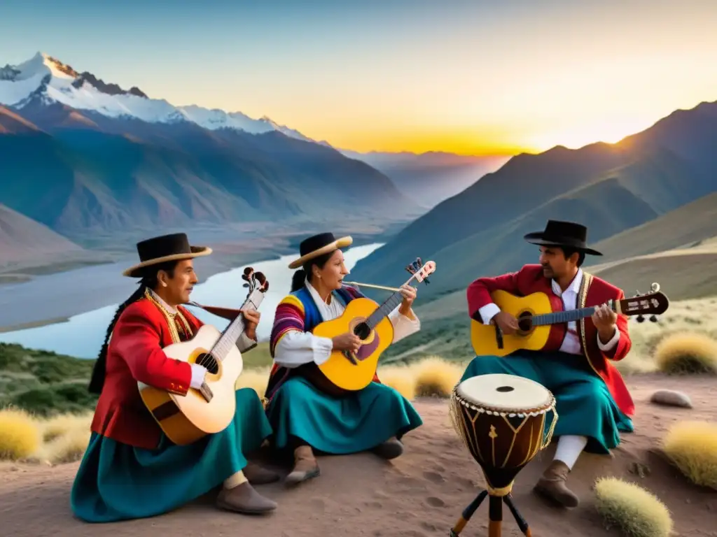 Un grupo de músicos folclóricos argentinos tocando al atardecer en los Andes, vistiendo coloridos trajes tradicionales