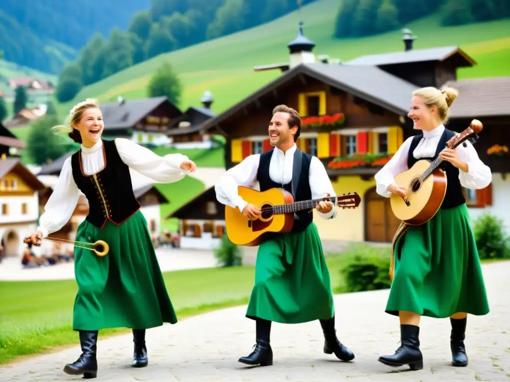 Un grupo de músicos folclóricos austriacos tocando el ländler en un pueblo alpino