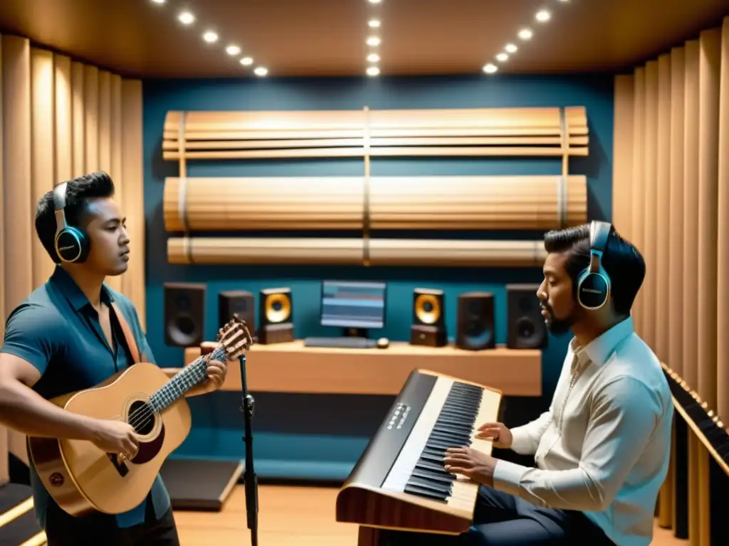 Un grupo de músicos folclóricos tocando instrumentos tradicionales en un estudio de grabación con software de restauración de música