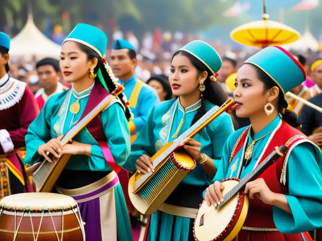 Grupo de músicos folclóricos con instrumentos musicales decorativos en festival de bailes folclóricos