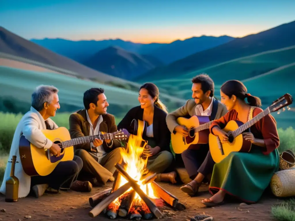 Grupo de músicos tocando folklore argentino alrededor de una fogata, creando una conexión musical única en el campo argentino