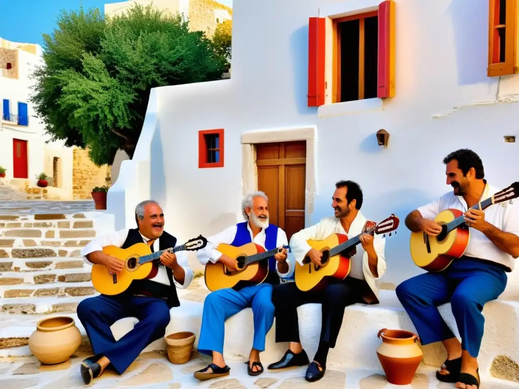 Grupo de músicos griegos tradicionales tocando bouzouki, lira y pandereta en una plaza soleada, capturando la comparación música danzas griegas