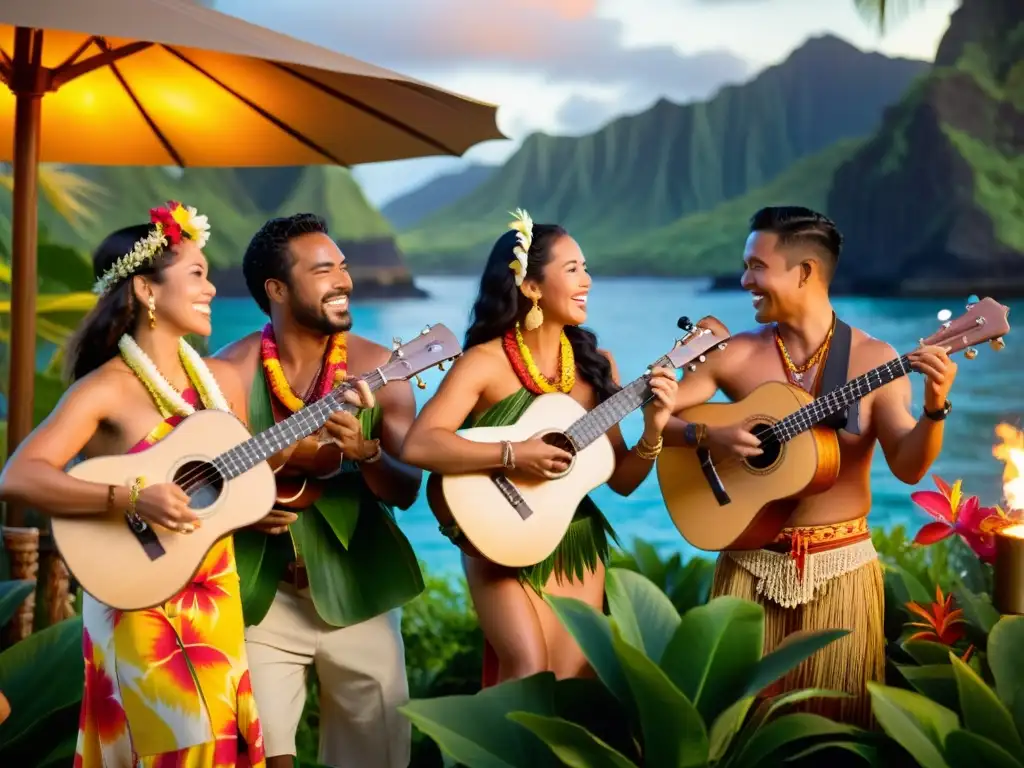 Grupo de músicos hawaianos tocando instrumentos tradicionales en un luau, rodeados de naturaleza exuberante y vestidos con atuendos coloridos