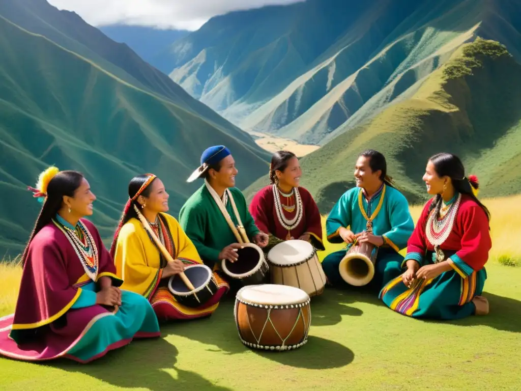 Grupo de músicos indígenas ecuatorianos tocan instrumentos tradicionales bajo la luz dorada de los Andes