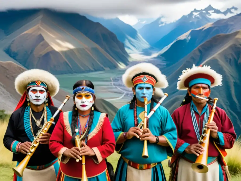 Grupo de músicos indígenas tocando instrumentos andinos ante los majestuosos Andes, evocando la influencia indígena en música folklórica andina