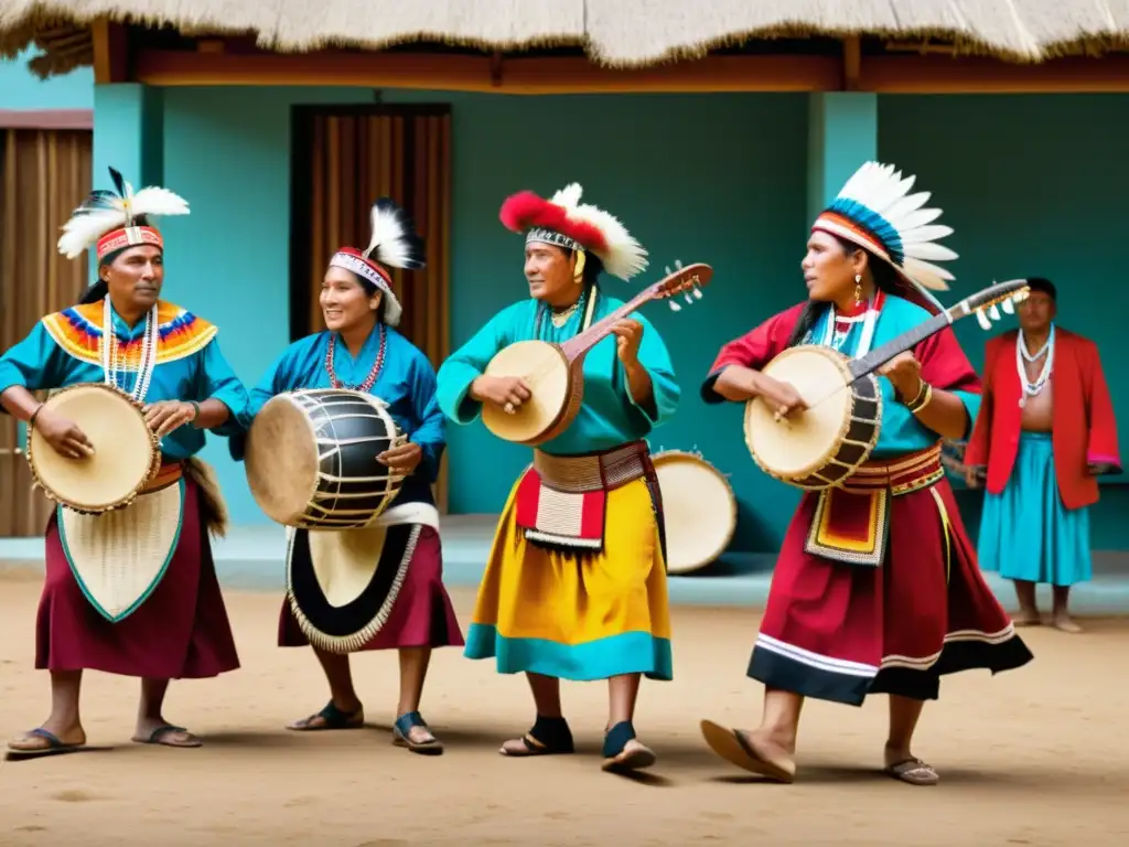 Grupo de músicos indígenas tocando instrumentos tradicionales y danzando con trajes vibrantes, destacando la importancia de los ritmos autóctonos