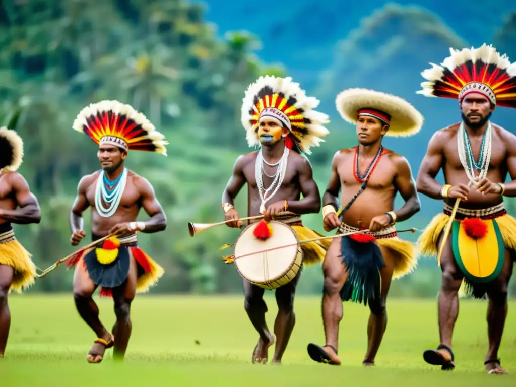 Grupo de músicos indígenas de Papúa Nueva Guinea tocando instrumentos de cuerda tradicionales durante una vibrante ceremonia de danza