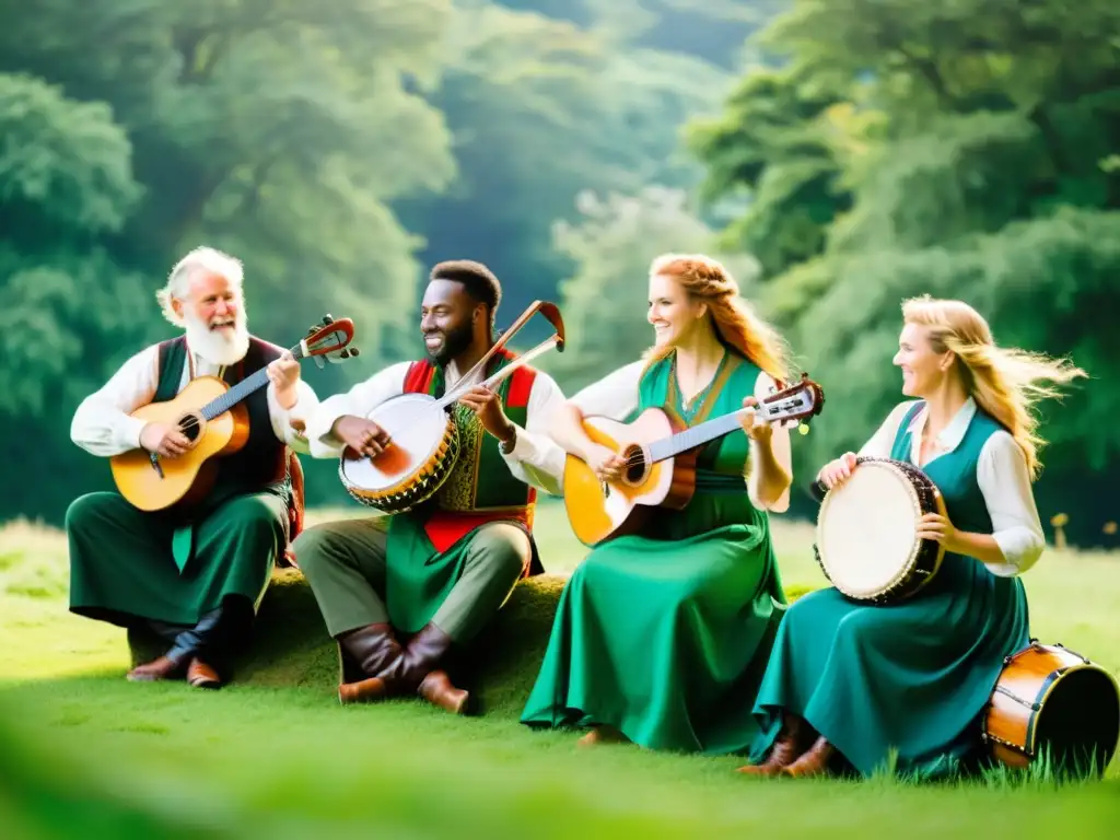 Grupo de músicos tocando instrumentos celtas en un paisaje verde, creando una fusión de melodías celtas y ritmos de reggae