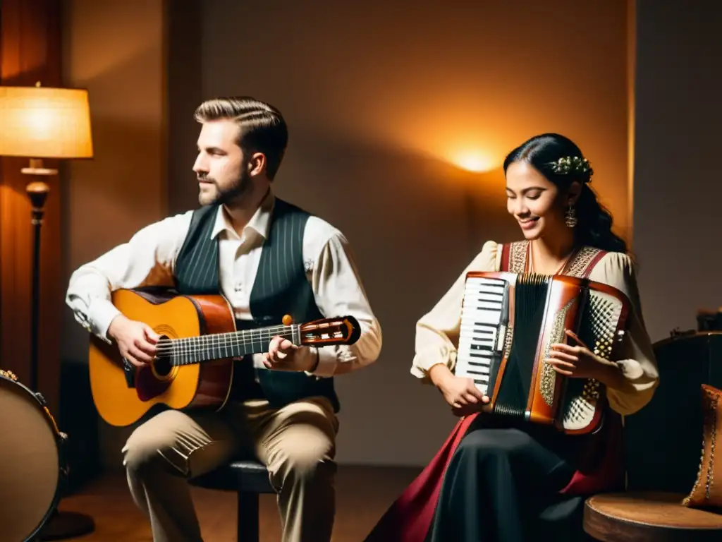 Un grupo de músicos toca instrumentos folclóricos en un estudio acogedor, iluminados por cálidas luces