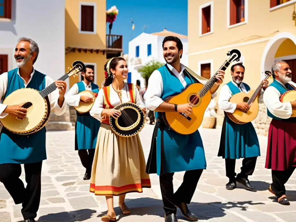 Un grupo de músicos toca instrumentos griegos tradicionales mientras la gente baila Sirtaki y Hasapiko en una plaza animada