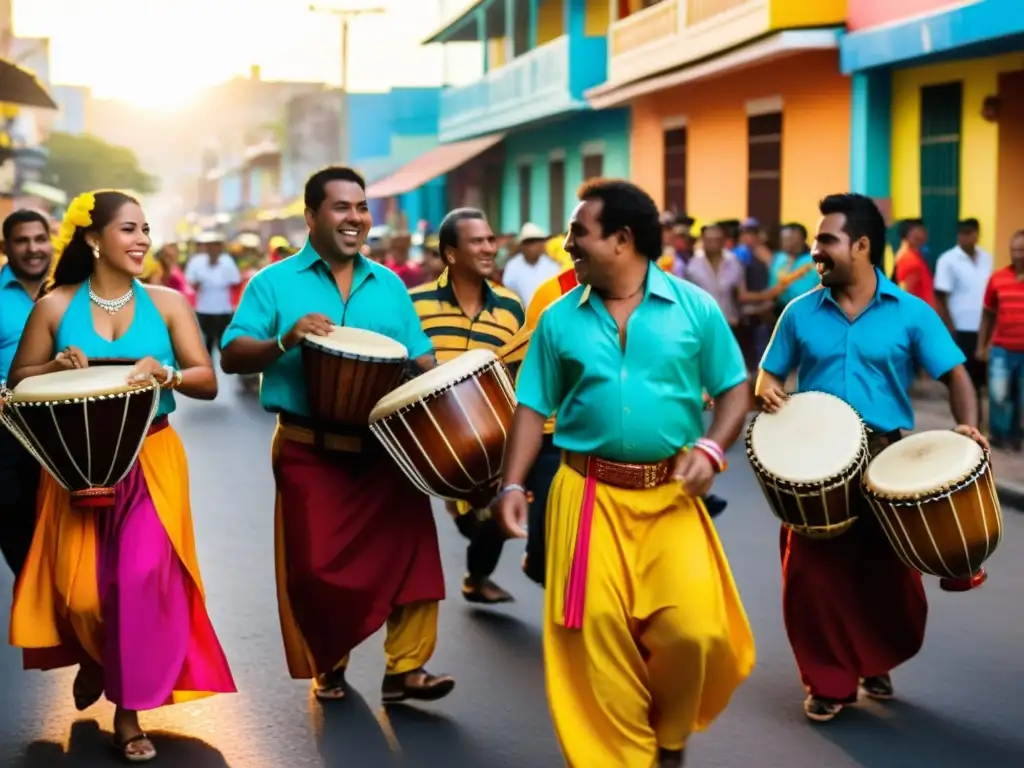 Grupo de músicos tocando instrumentos musicales tradicionales de la Danza Zuliana en festival colorido y animado en Maracaibo, Venezuela