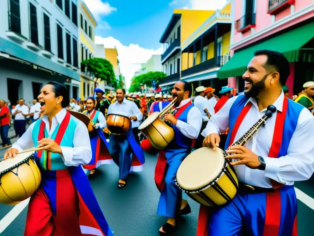 Grupo de músicos tocando instrumentos de plena puertorriqueña en desfile callejero vibrante