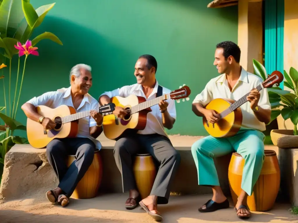 Grupo de músicos tocando instrumentos tradicionales cubanos al aire libre, evocando el origen y evolución del Son montuno cubano