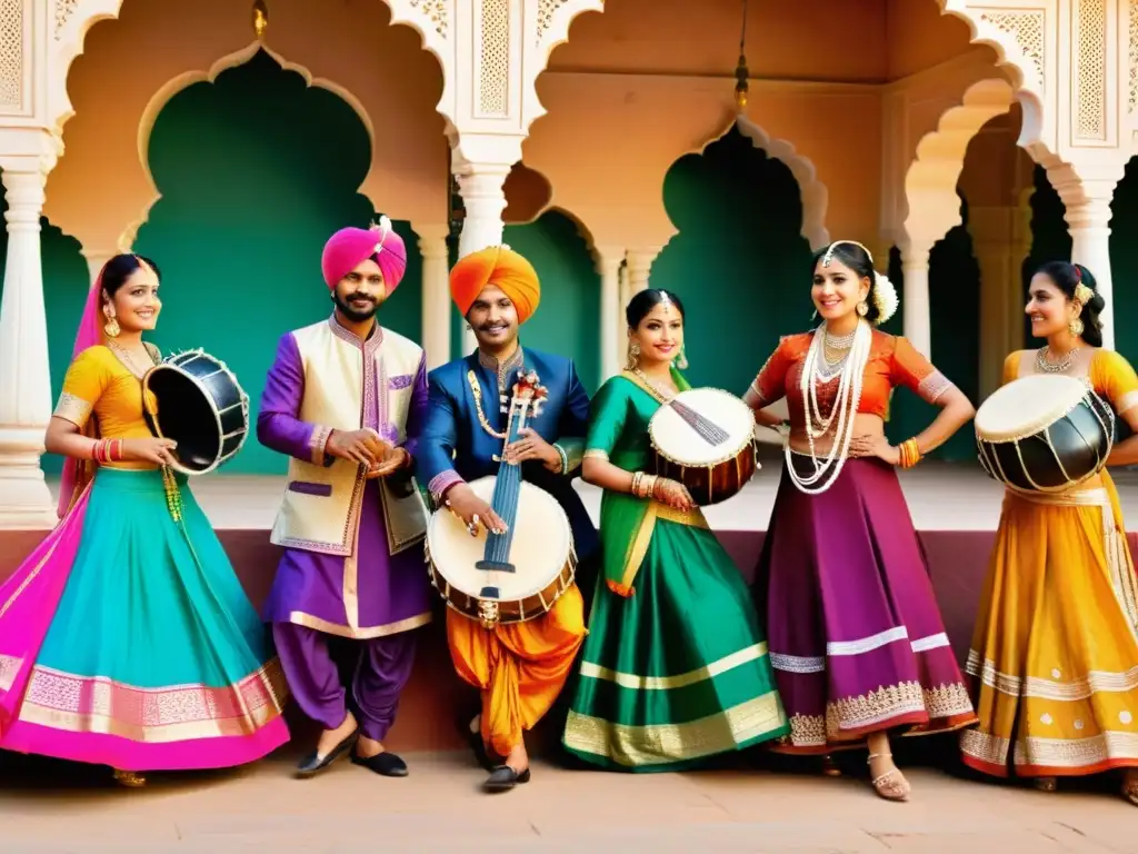 Un grupo de músicos rajasthaníes toca instrumentos tradicionales, rodeados de bailarines en vestimenta colorida, en un bullicioso mercado