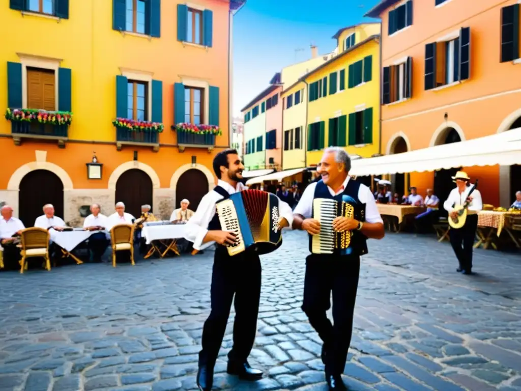 Grupo de músicos tocando instrumentos tradicionales italianos en una animada plaza