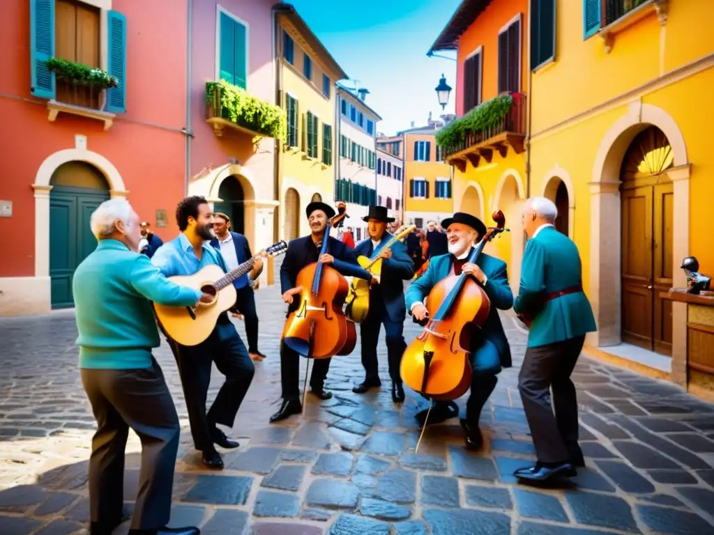 Grupo de músicos tocando instrumentos tradicionales italianos en animada piazza