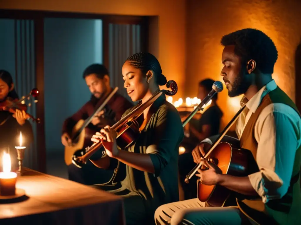 Un grupo de músicos tocando instrumentos tradicionales en una habitación tenue, con rostros iluminados por la cálida luz de las velas