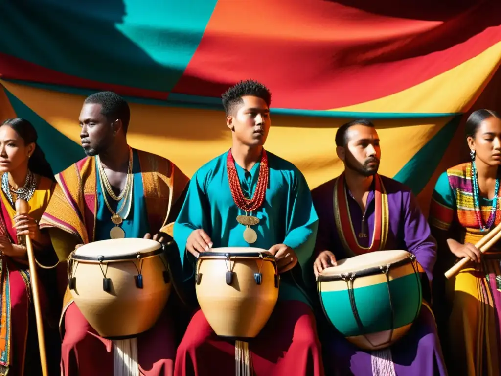 Un grupo de músicos toca instrumentos tradicionales rodeados de textiles coloridos y objetos ceremoniales