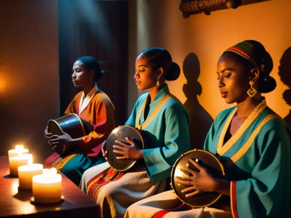 Un grupo de músicos toca instrumentos tradicionales en una habitación con luz tenue, envueltos por el brillo de las velas