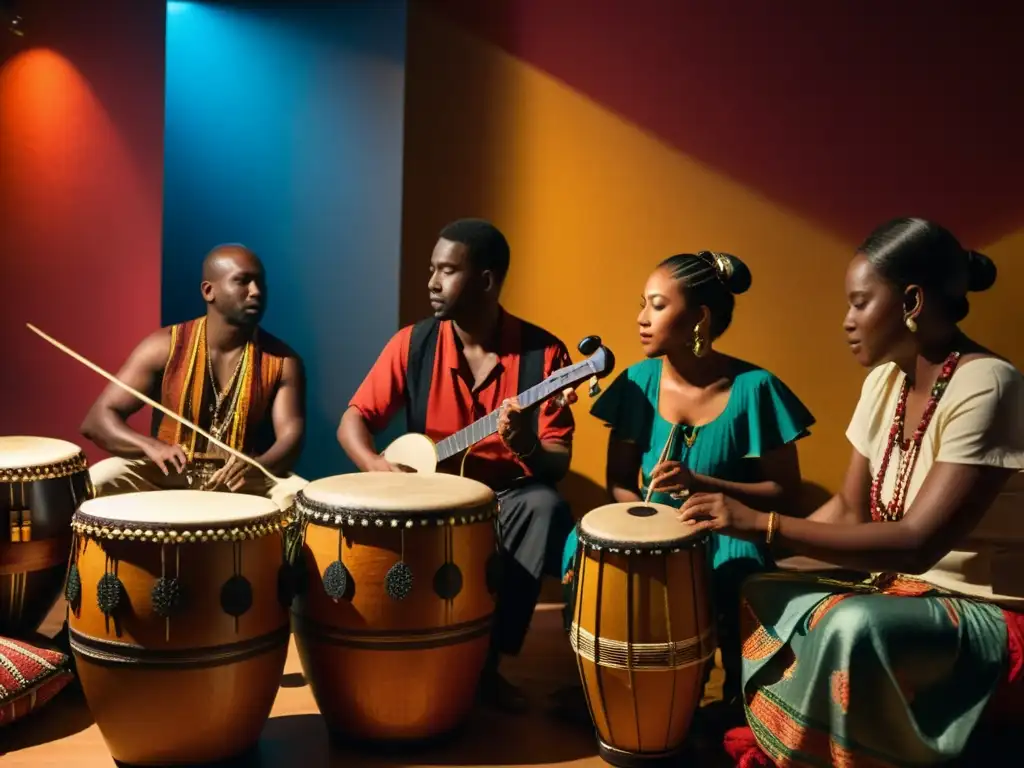 Un grupo de músicos toca instrumentos tradicionales en un estudio con atmósfera íntima