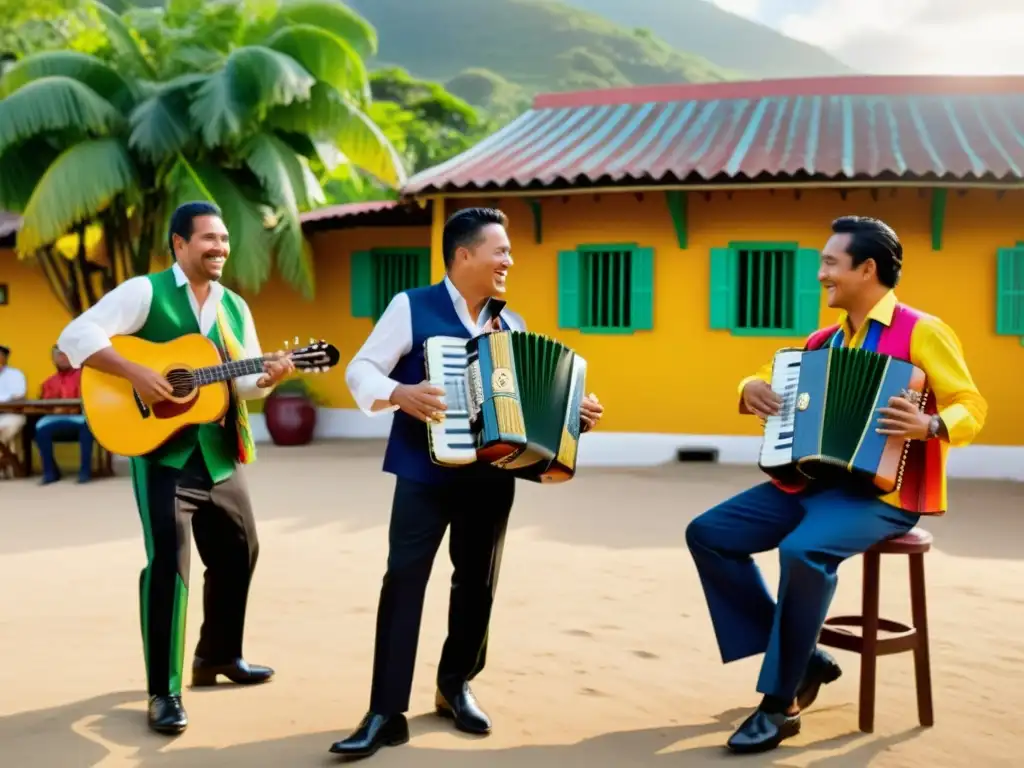 Grupo de músicos tocando instrumentos tradicionales de cumbia en un animado ambiente al aire libre, con vestimenta colorida y expresiones alegres