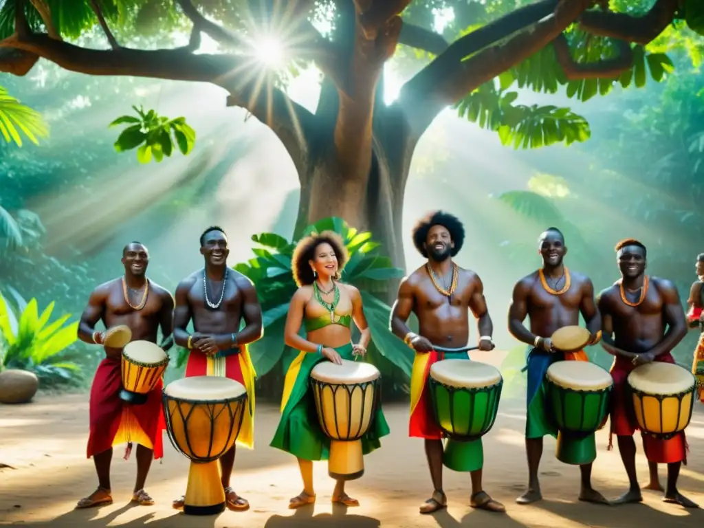 Un grupo de músicos toca instrumentos tradicionales bajo un árbol en la selva, rodeados de gente bailando al ritmo de la música