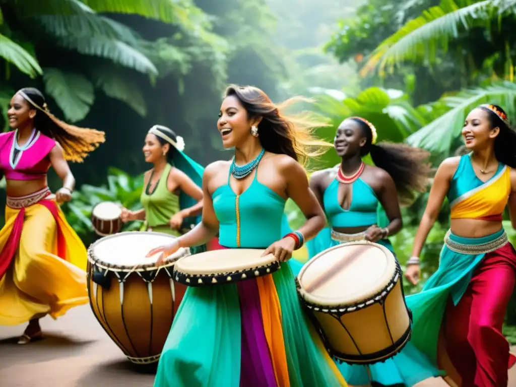 Un grupo de músicos tocan instrumentos tradicionales rodeados de bailarines en trajes vibrantes