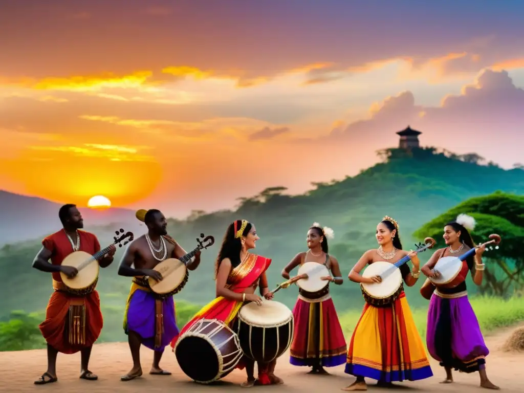 Un grupo de músicos tocando instrumentos tradicionales bajo un vibrante atardecer, con bailarines en trajes coloridos moviéndose al ritmo de la música