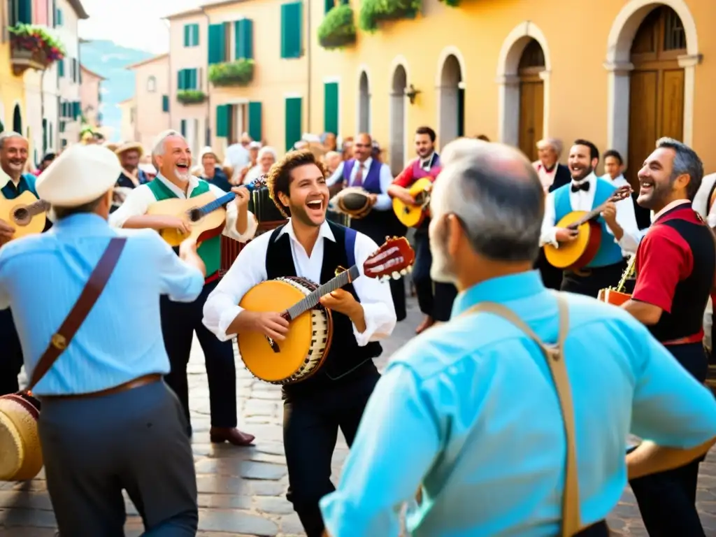 Grupo de músicos tocando instrumentos tradicionales italianos en una animada actuación de tarantela