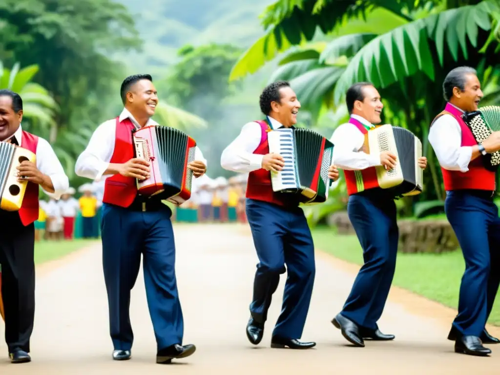 Grupo de músicos tocando instrumentos tradicionales de cumbia, vistiendo trajes colombianos coloridos, con pasión y ritmo