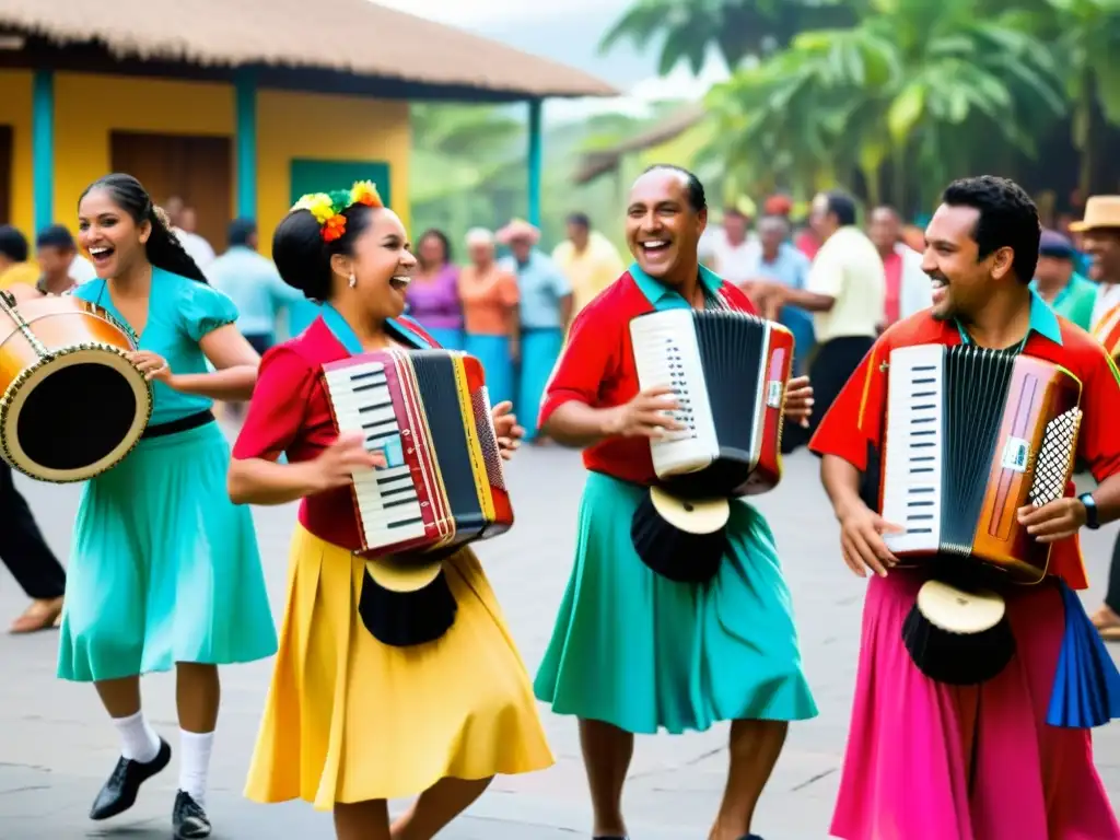 Grupo de músicos tocando instrumentos tradicionales del merengue, con trajes coloridos y expresiones alegres