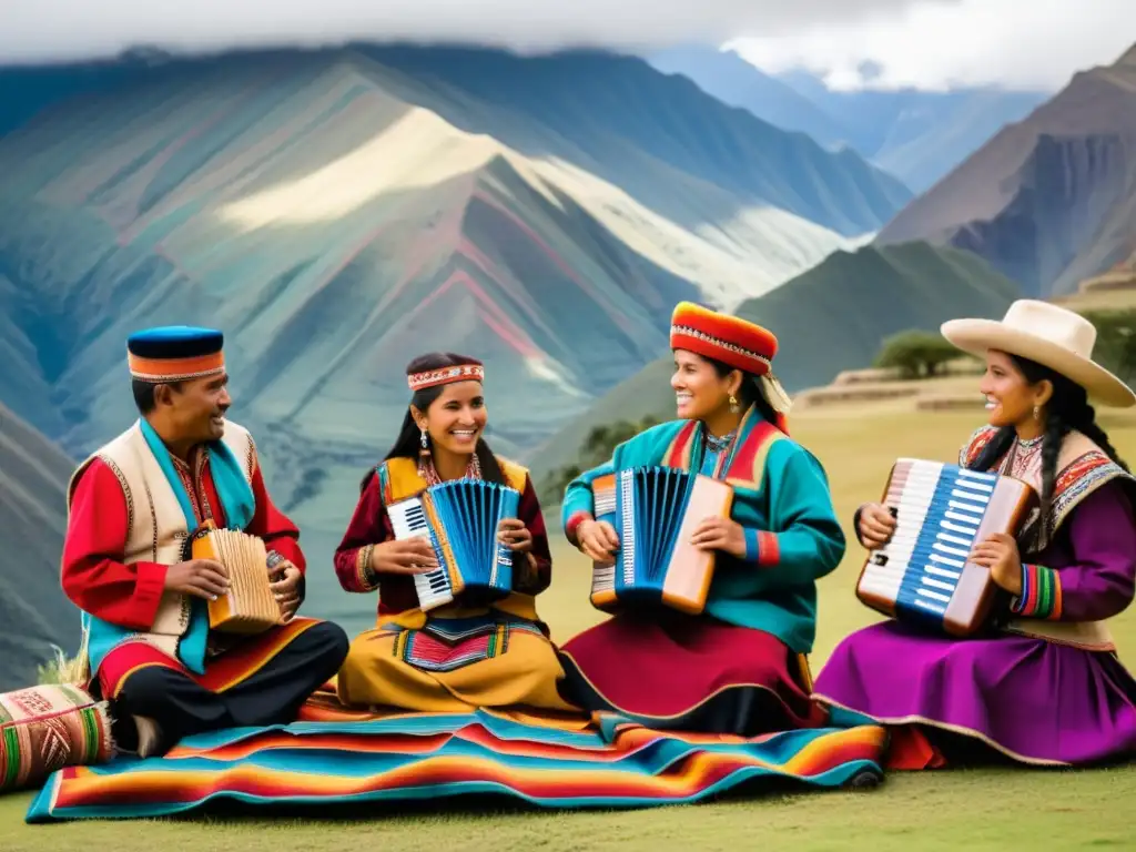 Un grupo de músicos toca instrumentos tradicionales andinos rodeados de textiles vibrantes y con los imponentes Andes de fondo