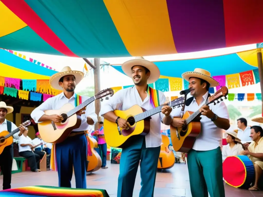 Grupo de músicos tocando instrumentos tradicionales Son Jarocho mexicano bajo un vibrante dosel de papel picado en una plaza animada