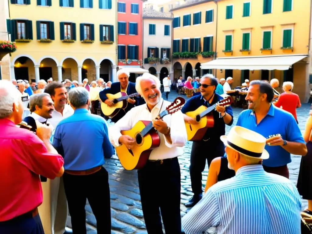 Grupo de músicos italianos tocando instrumentos tradicionales en animada piazza