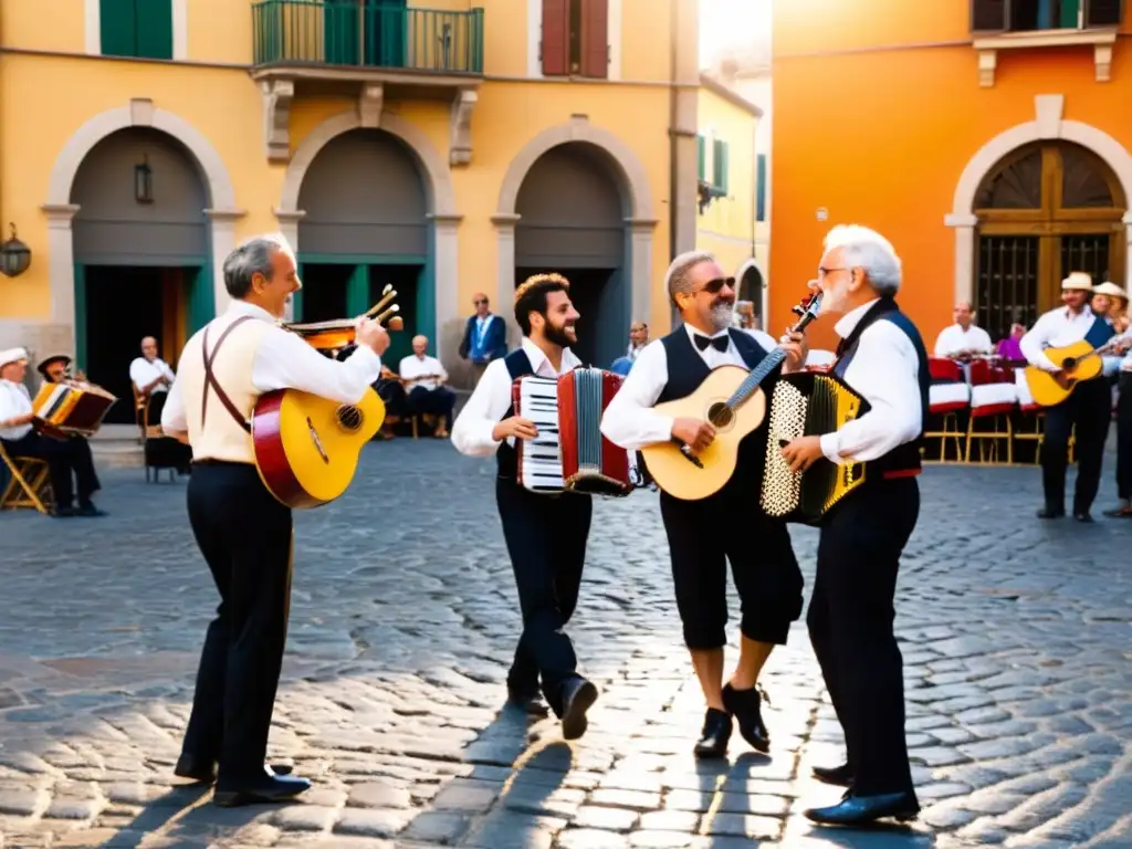 Grupo de músicos italianos tocando instrumentos tradicionales en una animada piazza al atardecer