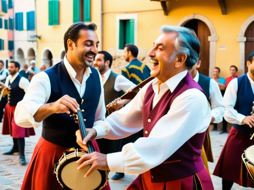 Un grupo de músicos italianos toca la tarantela con pasión en una plaza, mostrando la autenticidad y la metodología enseñanza tarantela italiana