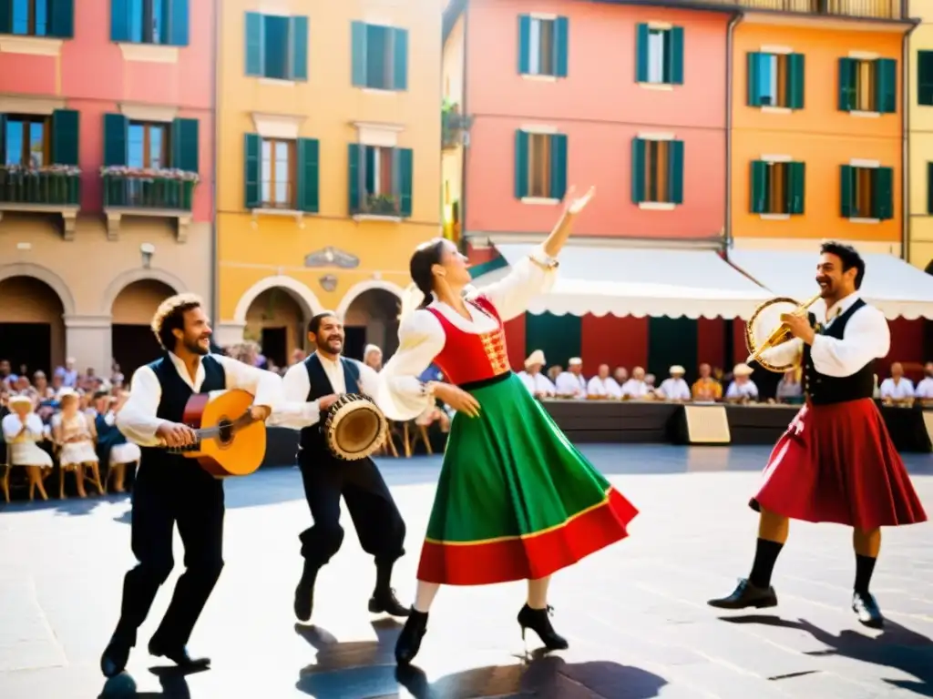 Grupo de músicos italianos tocando la tarantela en una animada plaza, rodeados de coloridos edificios y espectadores aplaudiendo y bailando