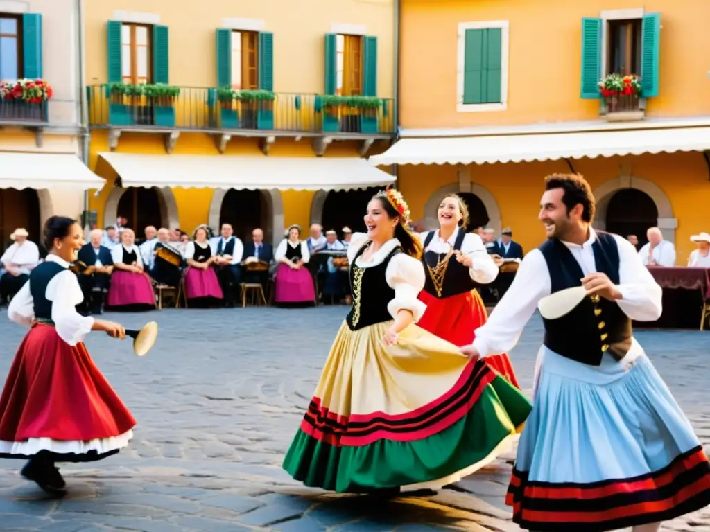 Grupo de músicos italianos tradicionales interpretando la danza de la tarantela en una animada plaza, con trajes vibrantes y expresiones alegres