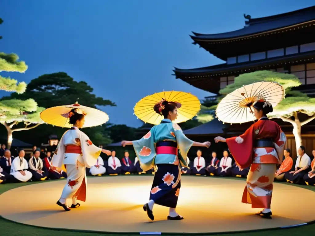 Grupo de músicos japoneses realizando el baile Bon Odori con kimonos vibrantes y movimientos dinámicos, reflejando el significado cultural del Bon Odori