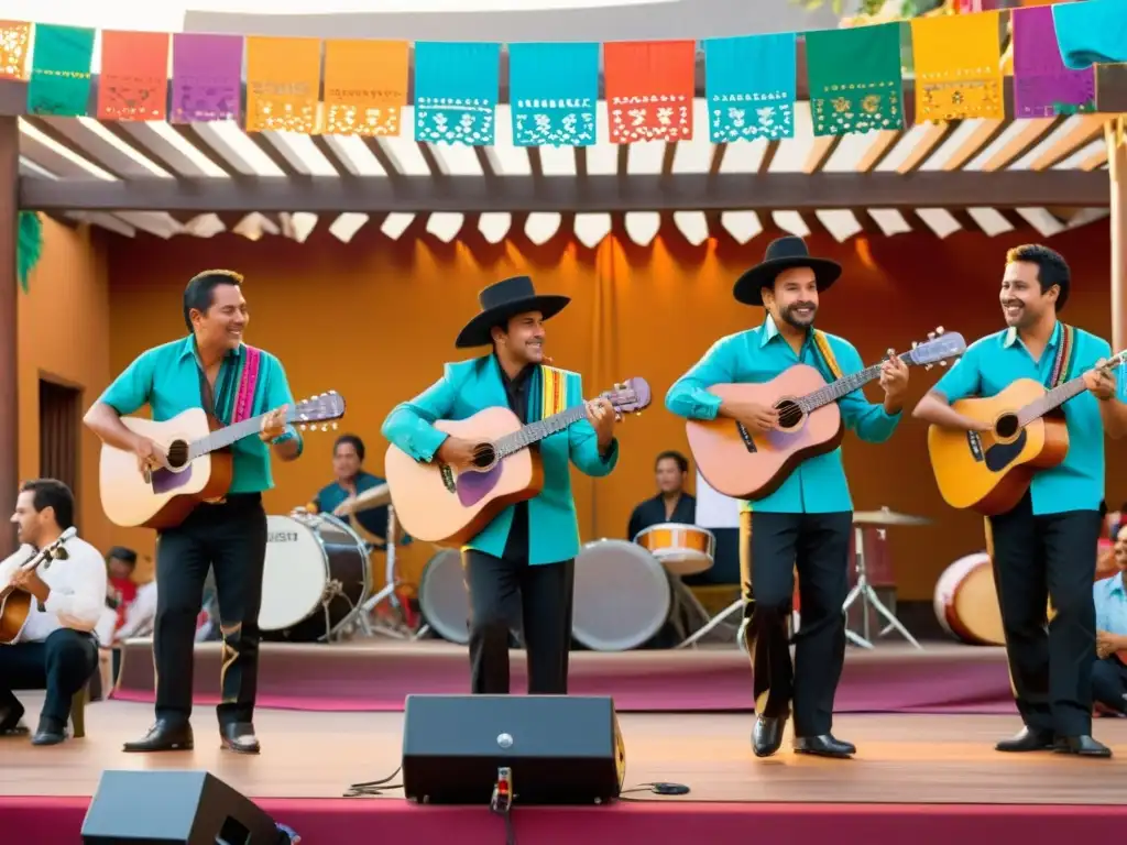 Grupo de músicos tocando Son Jarocho en plaza mexicana, rodeados de público diverso y papel picado