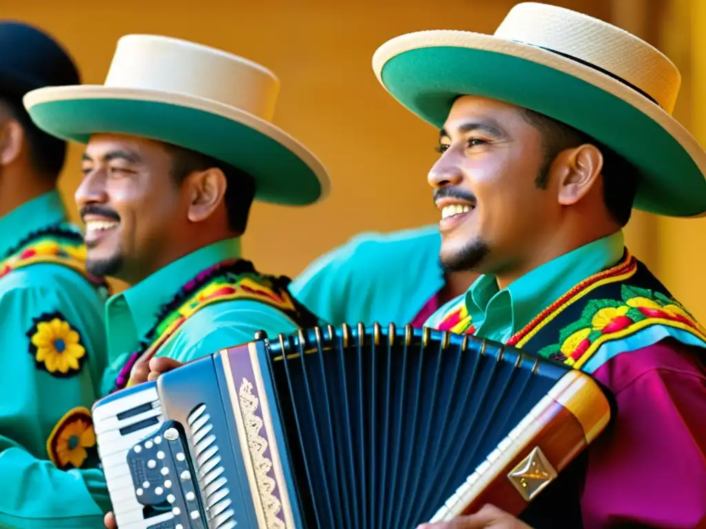 Grupo de músicos latinos tocando cumbia con instrumentos tradicionales en un vibrante espectáculo