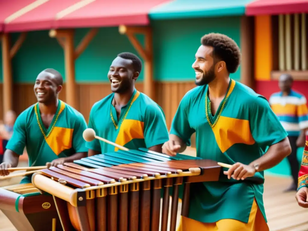 Grupo de músicos tocando marimbas de madera en Centroamérica, en un ambiente festivo y colorido, con expresiones apasionadas