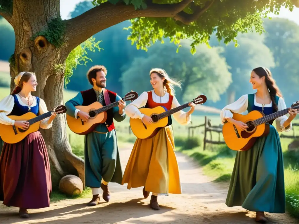 Grupo de músicos medievales tocando instrumentos en danzas folclóricas francesas