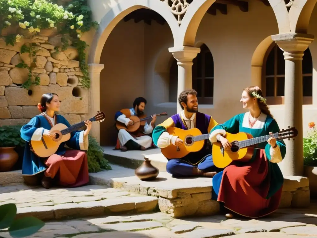 Grupo de músicos medievales recreando música danzas medievales europeas en un patio soleado rodeado de paredes de piedra y enredaderas florecientes