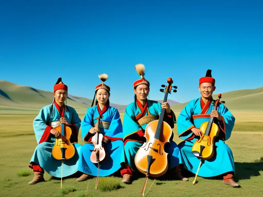 Grupo de músicos mongoles tocando instrumentos tradicionales en las vastas praderas, evocando la riqueza de la música folclórica de Mongolia