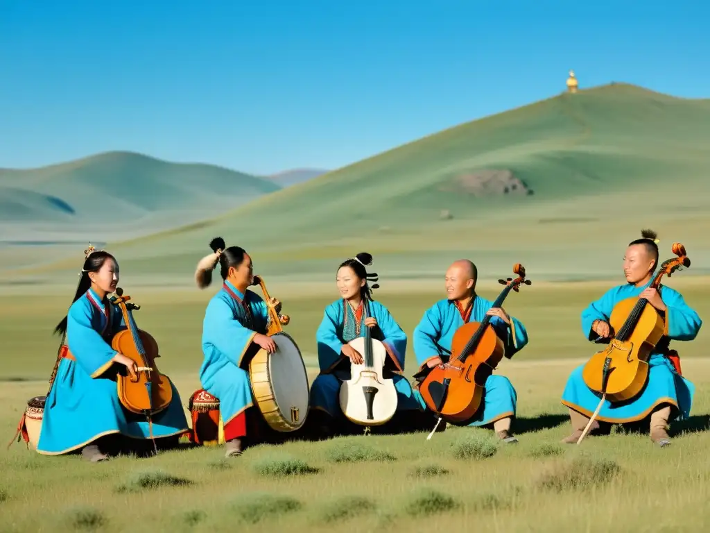 Un grupo de músicos mongoles, vestidos con trajes tradicionales, tocan instrumentos tradicionales en la vasta estepa bajo el cielo azul claro