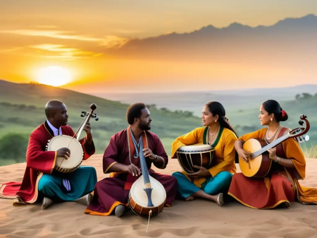 Un grupo de músicos del mundo, con trajes tradicionales, tocando con intensa concentración al atardecer